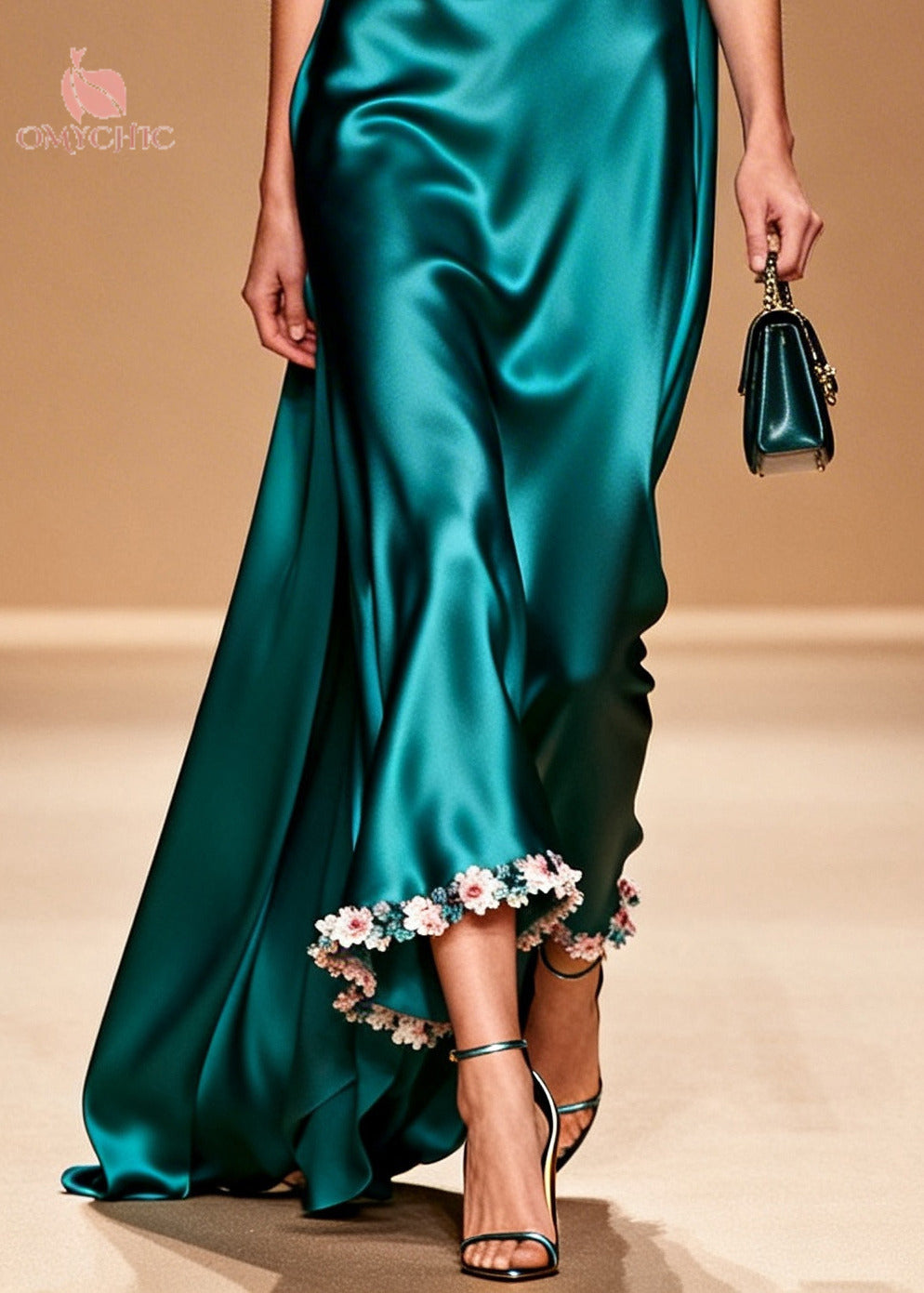Organic Peacock Green Turtle Neck Floral Silk Maxi Dress Summer - View 4