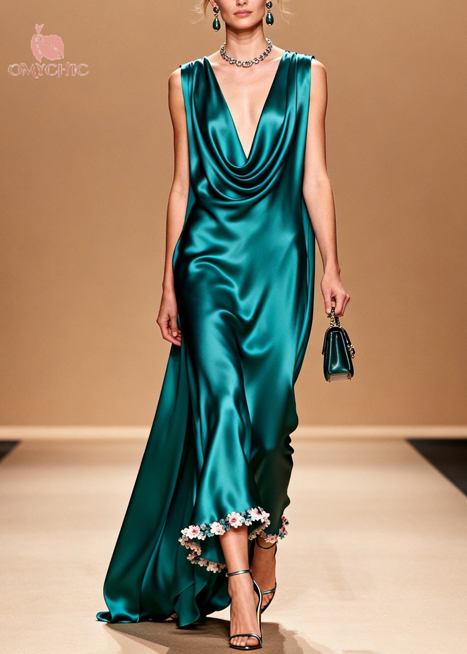 Organic Peacock Green Turtle Neck Floral Silk Maxi Dress Summer - View 5