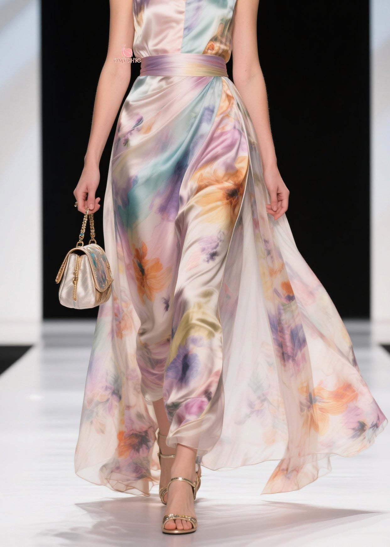 Satin Spaghetti Strap V-Neck Pleated Waist Band High Split Floral Maxi Gown