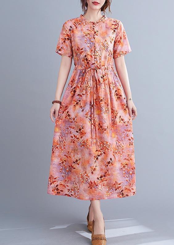 Floral Print Short Sleeve Button Front Drawstring Waist Midi Dress 2