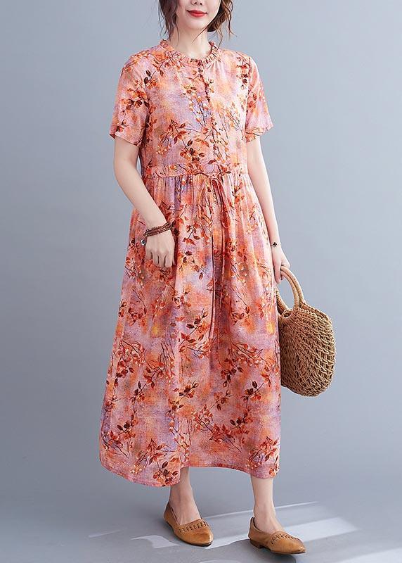 Floral Print Short Sleeve Button Front Drawstring Waist Midi Dress 3