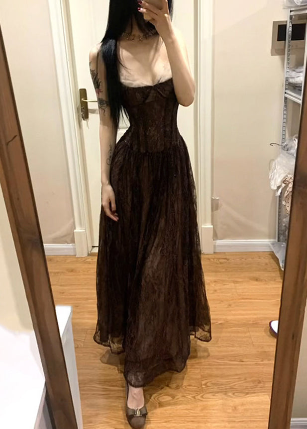 Lace Spaghetti Strap Sweetheart Corset A-Line Maxi Dress