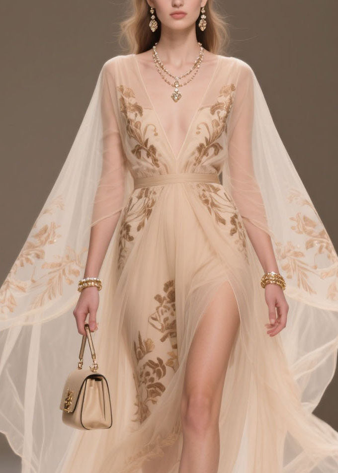 Floral Embroidery Deep V-Neck Cape Sleeve High Split Sheer Chiffon Maxi Gown