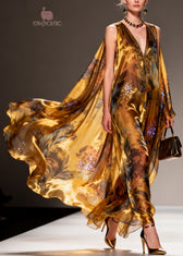 Organic Yellow V Neck Print Zircon Chiffon Maxi Dresses Summer
