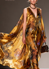 Organic Yellow V Neck Print Zircon Chiffon Maxi Dresses Summer 2