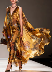 Organic Yellow V Neck Print Zircon Chiffon Maxi Dresses Summer 3