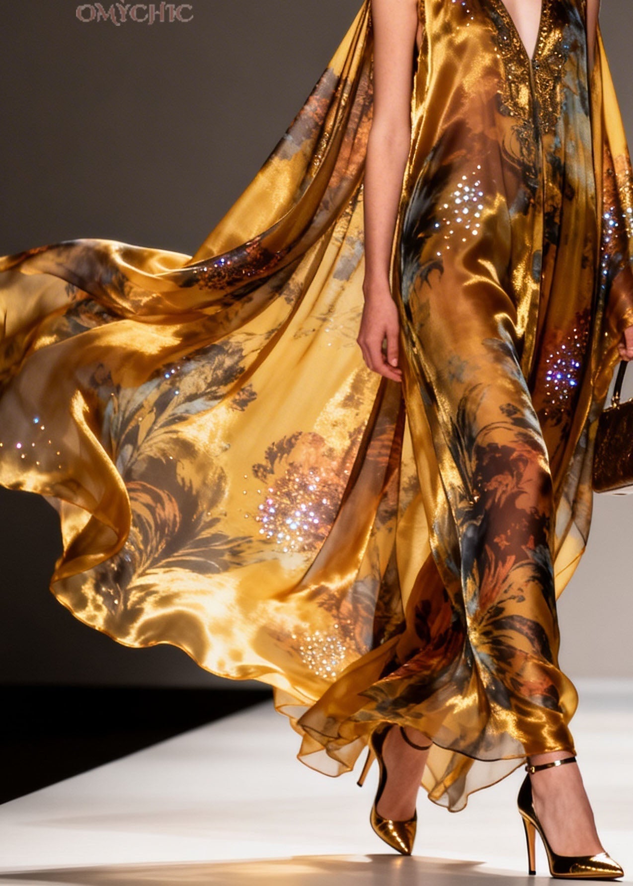 Organic Yellow V Neck Print Zircon Chiffon Maxi Dresses Summer 4