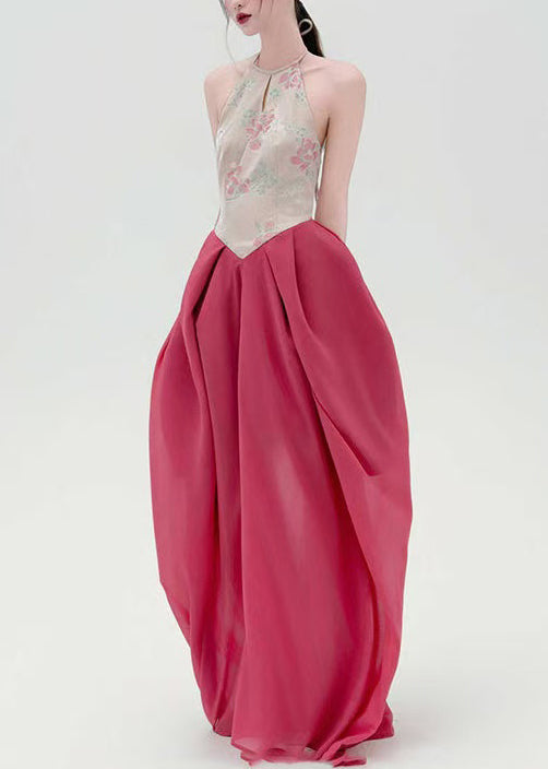 Floral Jacquard Halter Neck Keyhole Pleated Balloon Skirt Maxi Dress