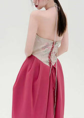 Original Backless Print Lace Up Patchwork Cotton Maxi Dresses Sleeveless 3