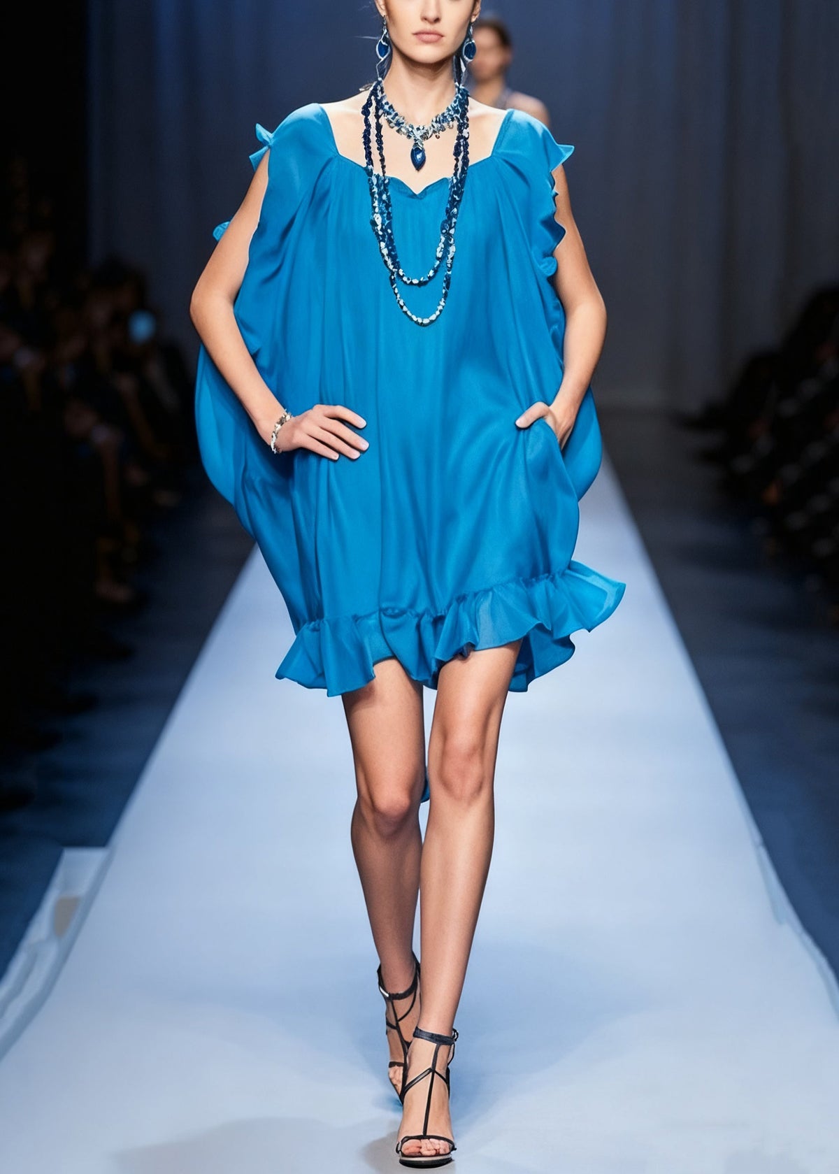 Square Neck Draped Batwing Ruffle Hem Pocket Chiffon Mini Dress