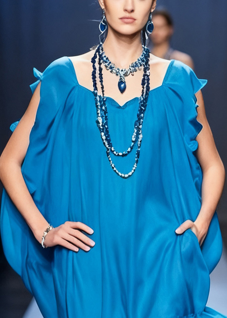 Original Blue Ruffled Pockets Solid Chiffon Mid Dress Summer 2
