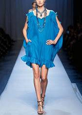 Original Blue Ruffled Pockets Solid Chiffon Mid Dress Summer 3
