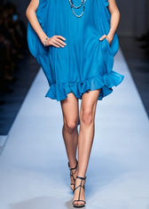 Original Blue Ruffled Pockets Solid Chiffon Mid Dress Summer 4