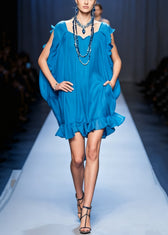 Original Blue Ruffled Pockets Solid Chiffon Mid Dress Summer 5