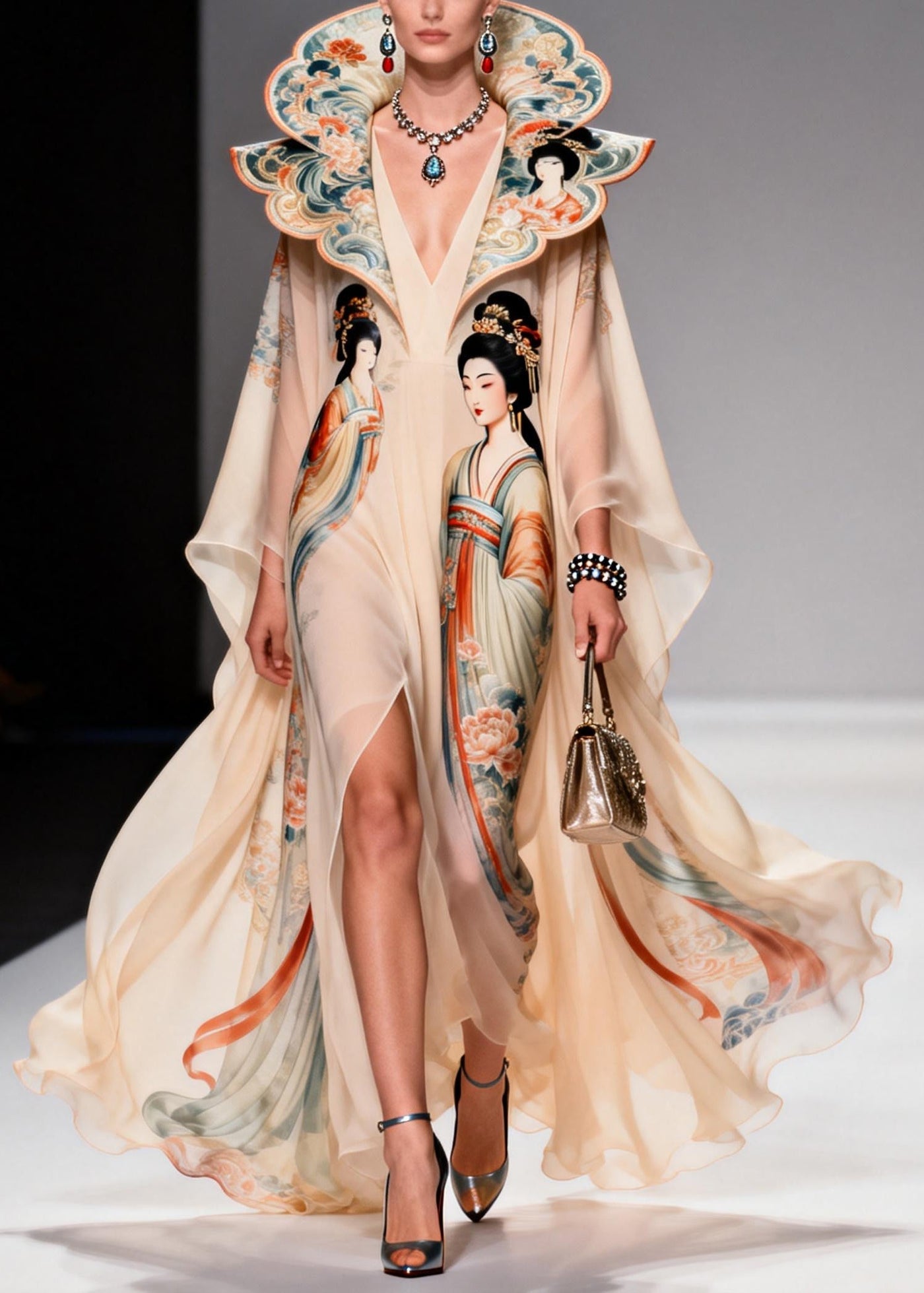 Original Design Apricot Peter Pan Collar Print Chiffon Maxi Dresses Summer 3