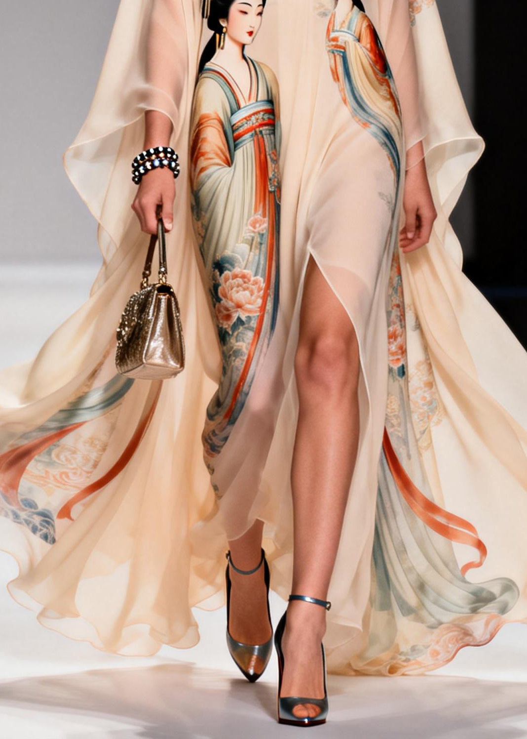 Original Design Apricot Peter Pan Collar Print Chiffon Maxi Dresses Summer 4