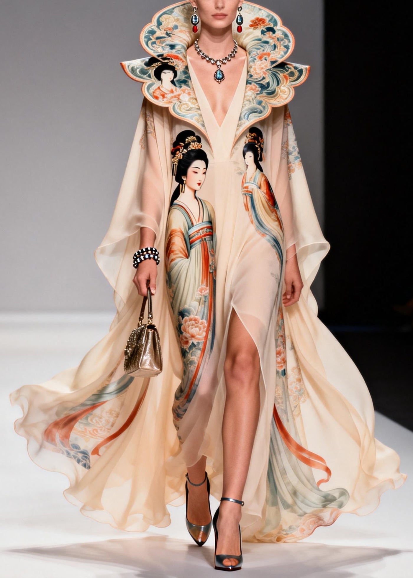Original Design Apricot Peter Pan Collar Print Chiffon Maxi Dresses Summer 5