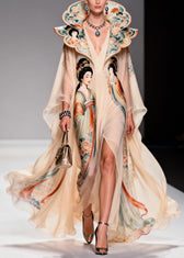 Original Design Apricot Peter Pan Collar Print Chiffon Maxi Dresses Summer 5