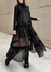 Original Design Black Ruffled Patchwork Tulle Strap Dress