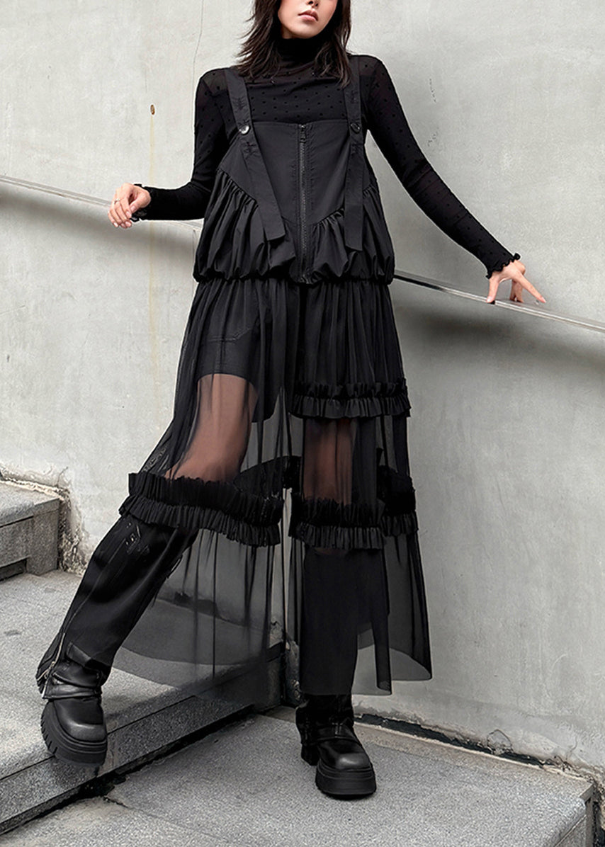 Original Design Black Ruffled Patchwork Tulle Strap Dress 2