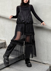 Original Design Black Ruffled Patchwork Tulle Strap Dress 2