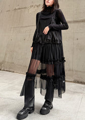 Original Design Black Ruffled Patchwork Tulle Strap Dress 3