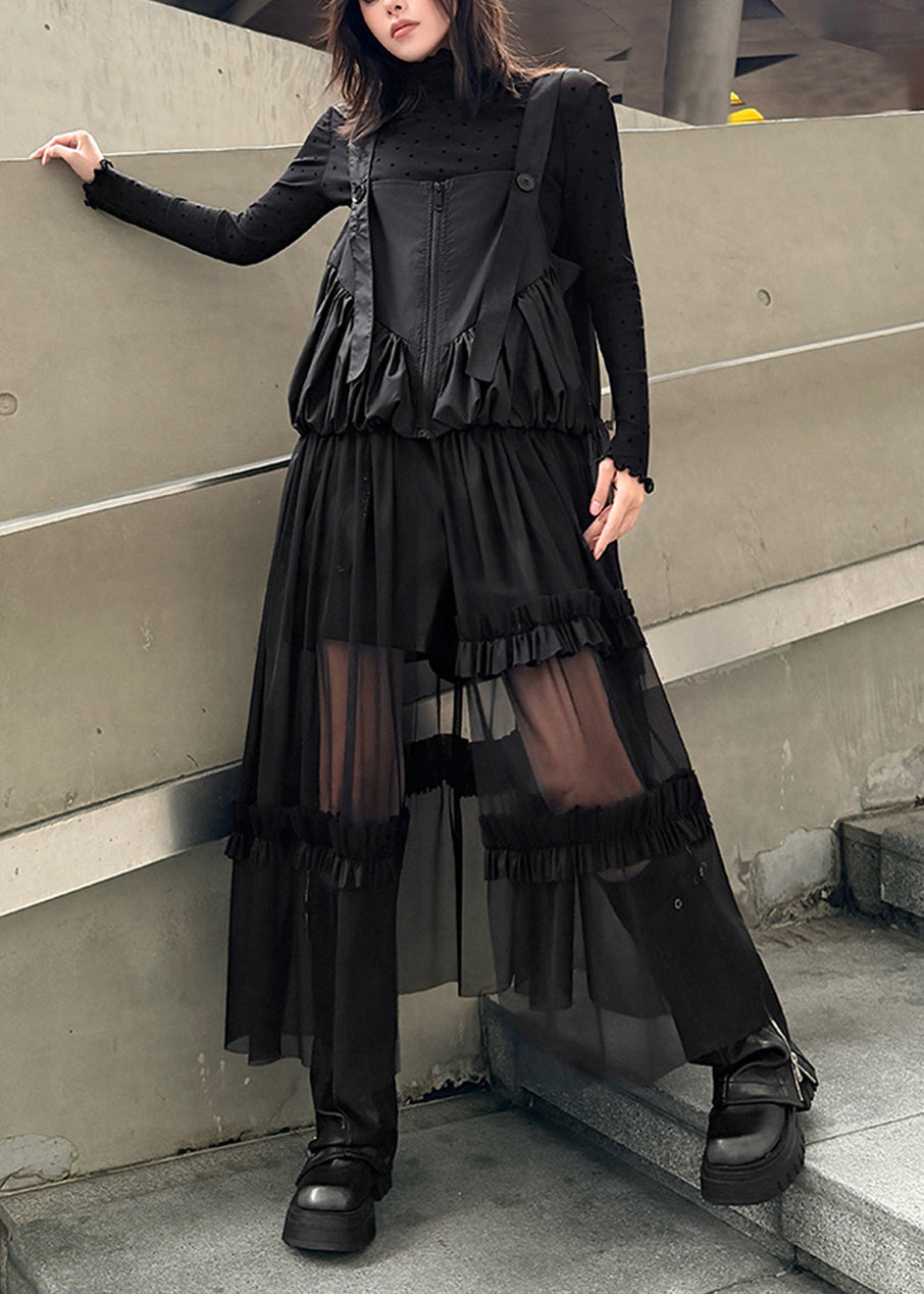 Original Design Black Ruffled Patchwork Tulle Strap Dress 4