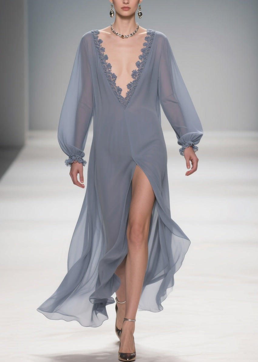 Sheer Lace Trim Deep V-Neck Long Sleeve Lantern Cuff High Split Maxi Gown