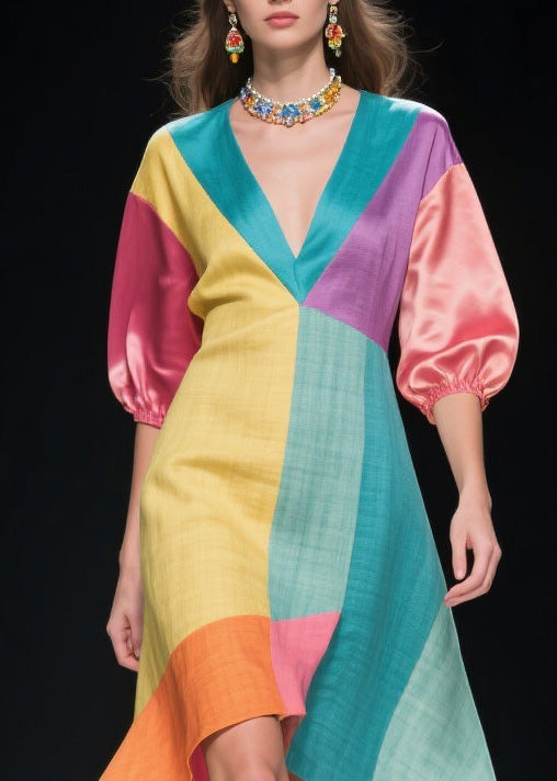 Deep V-Neck Puff Sleeve Geometric Print Handkerchief Hem Summer Midi Dress