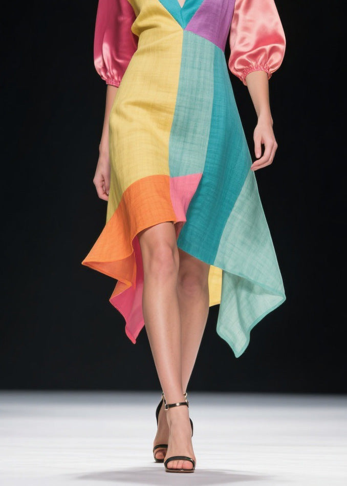 Deep V-Neck Puff Sleeve Geometric Print Handkerchief Hem Summer Midi Dress