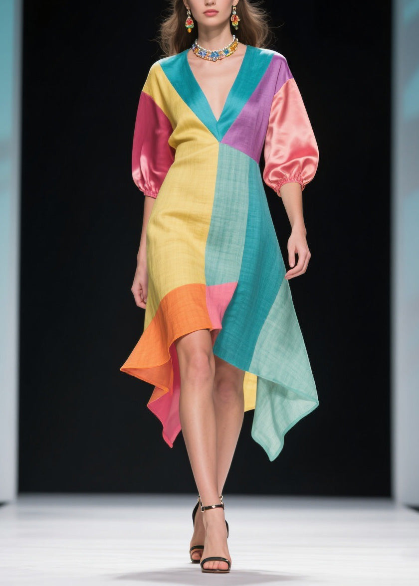 Deep V-Neck Puff Sleeve Geometric Print Handkerchief Hem Summer Midi Dress