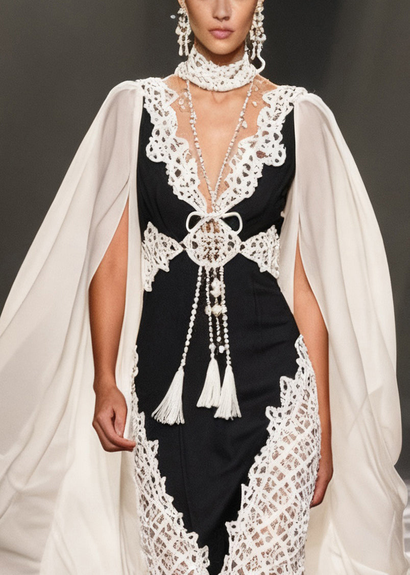 Deep V-Neck Lace Applique Tassel Cape Sleeve Bodycon Midi Dress
