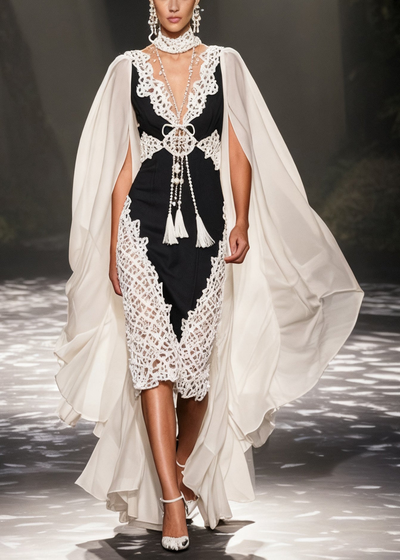 Deep V-Neck Lace Applique Tassel Cape Sleeve Bodycon Midi Dress