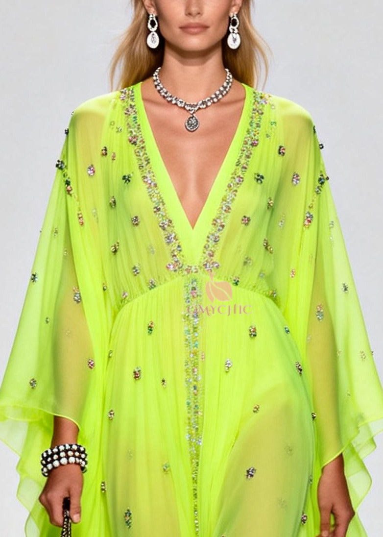 Rhinestone Scatter Deep V-Neck Empire Waist Cape Sleeve Sheer Chiffon Maxi Gown