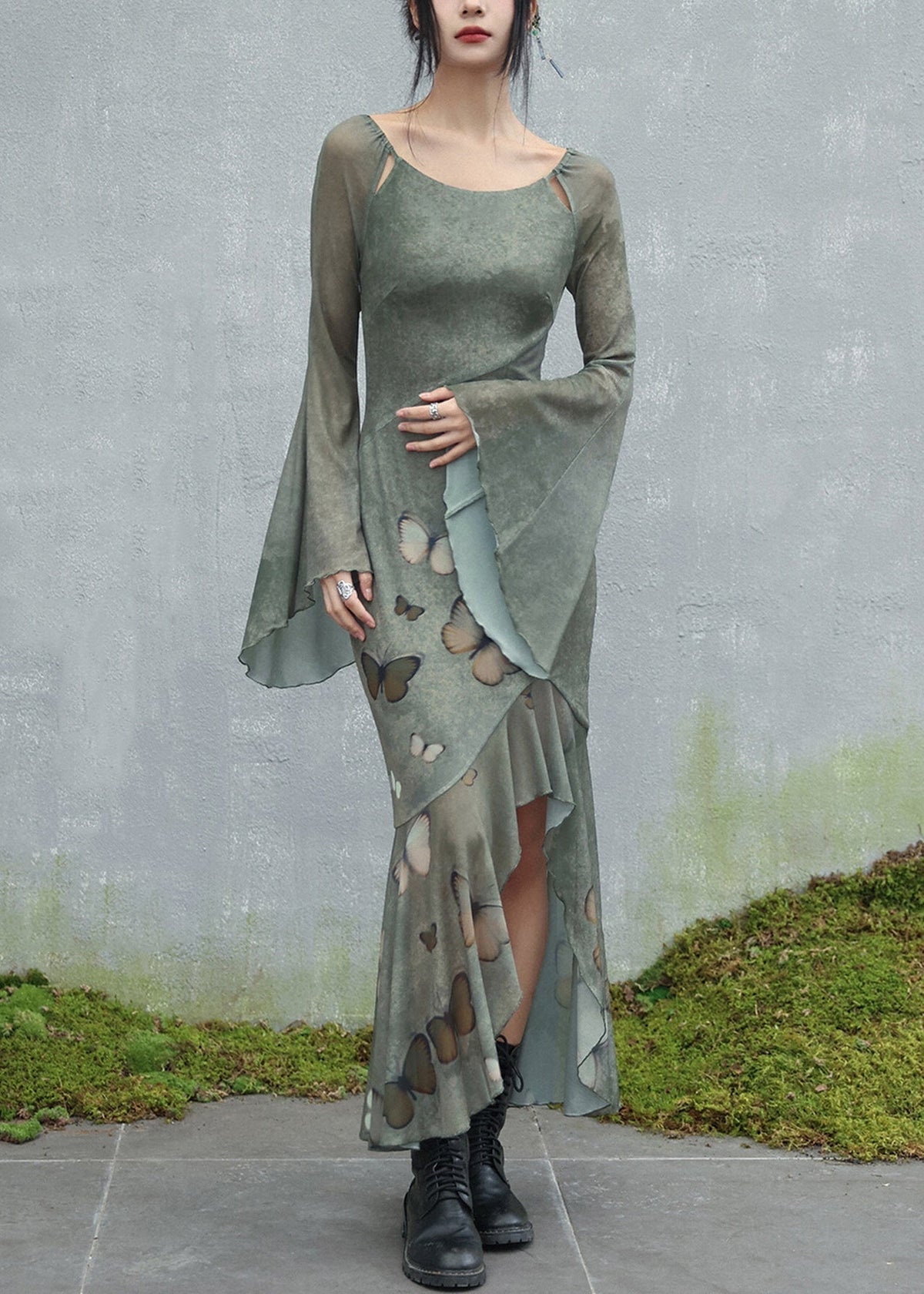 Butterfly Print Flare Sleeve Cut Out Asymmetric Ruffle Hem Maxi Dress