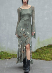 Original Design Green O-Neck Butterfly Tulle Maxi Dresses Flare Sleeve 2