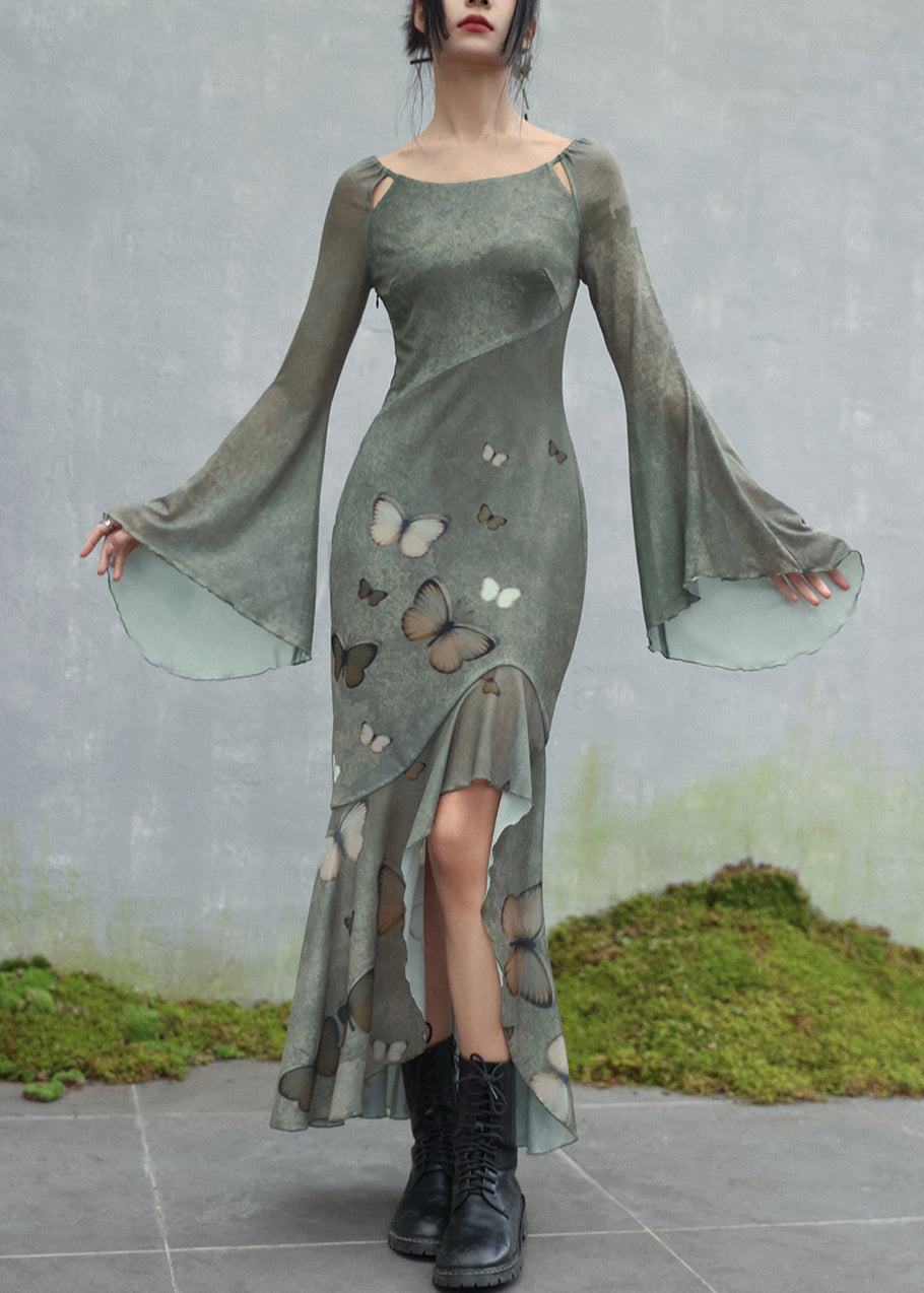 Original Design Green O-Neck Butterfly Tulle Maxi Dresses Flare Sleeve 3