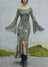 Original Design Green O-Neck Butterfly Tulle Maxi Dresses Flare Sleeve 3