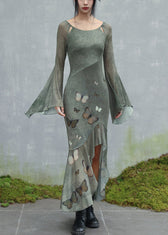 Original Design Green O-Neck Butterfly Tulle Maxi Dresses Flare Sleeve 4