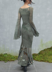Original Design Green O-Neck Butterfly Tulle Maxi Dresses Flare Sleeve 5