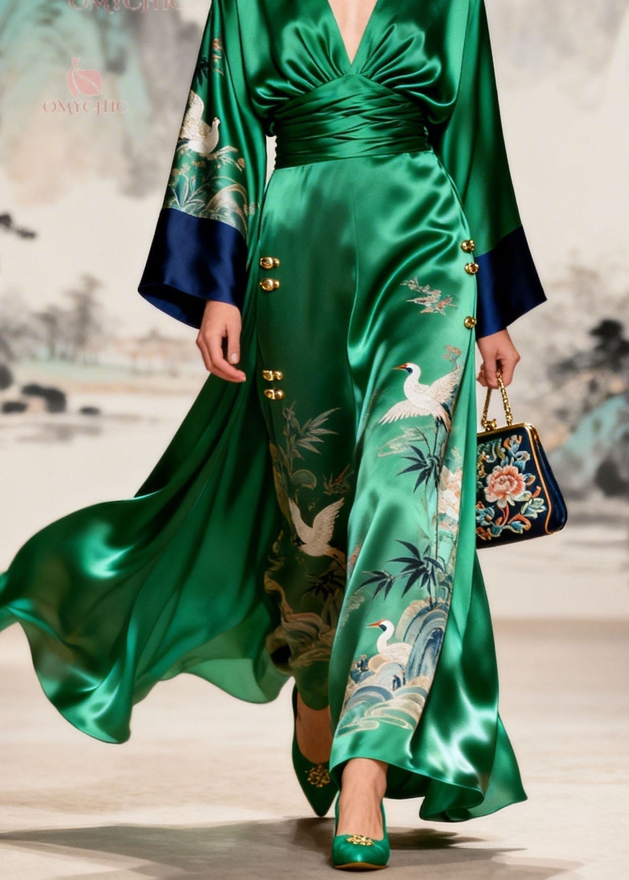 Satin Crane Print Deep V-Neck Kimono Sleeve Wide Leg Jumpsuit