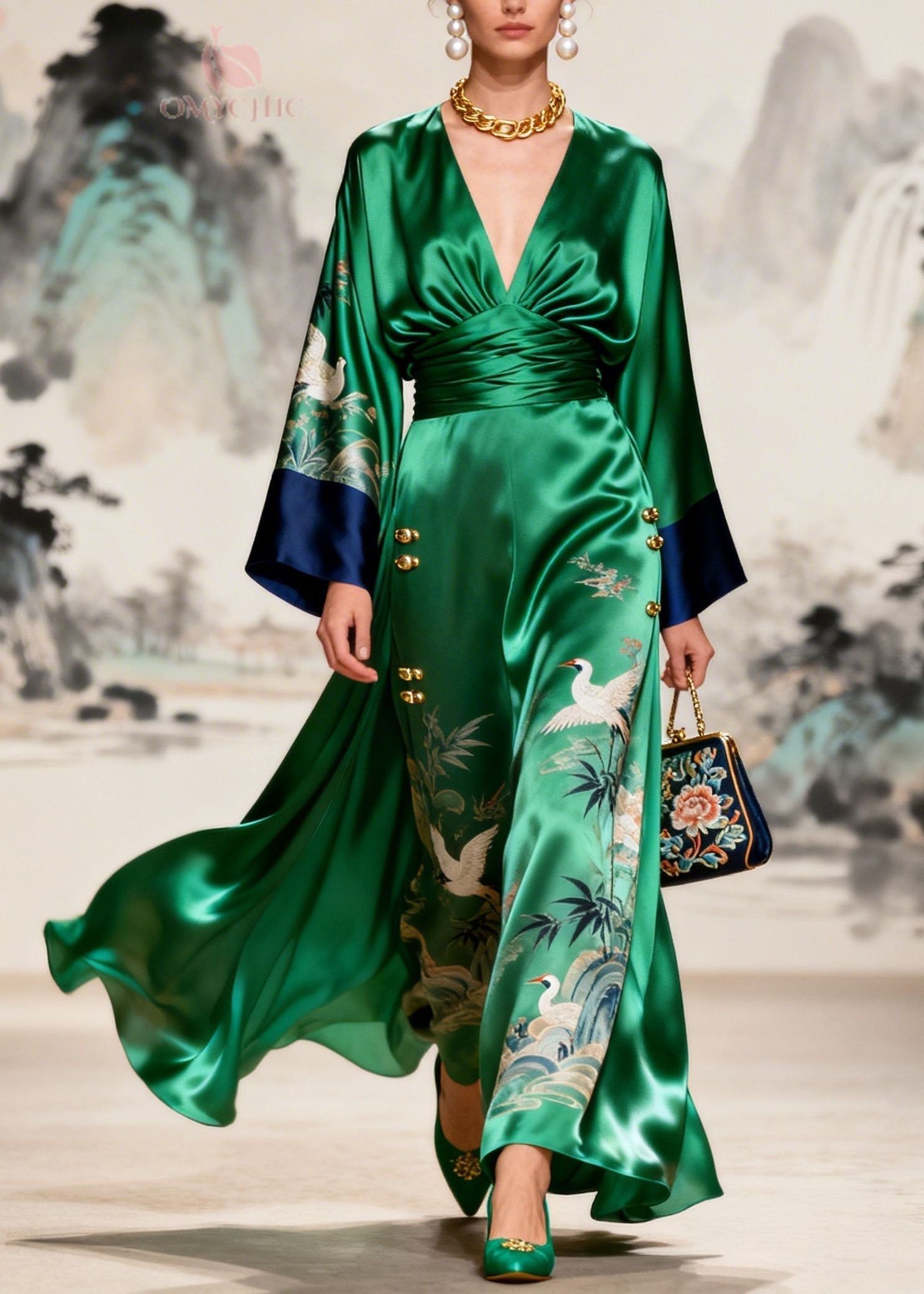 Satin Crane Print Deep V-Neck Kimono Sleeve Wide Leg Jumpsuit