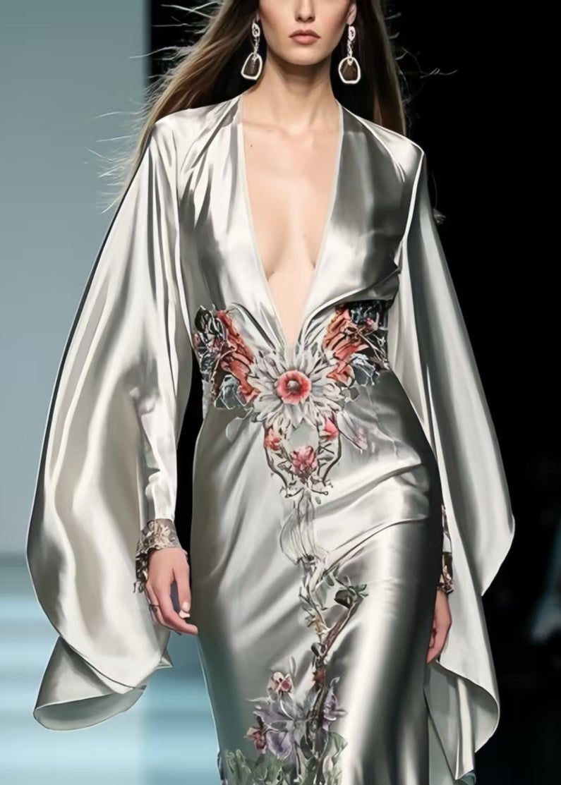 Satin Deep V-Neck Floral Embroidery Batwing Sleeve Floor Length Maxi Gown