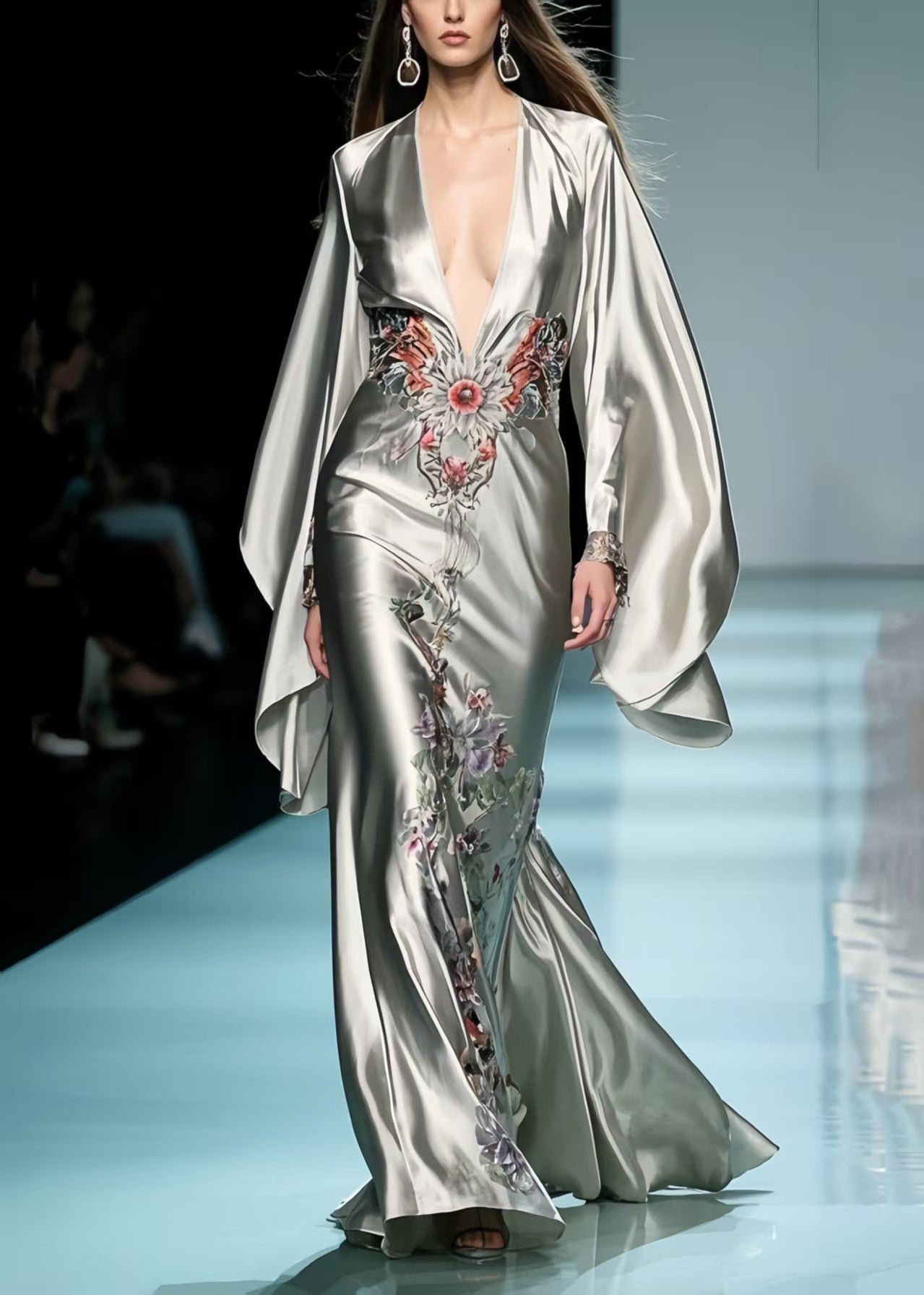 Satin Deep V-Neck Floral Embroidery Batwing Sleeve Floor Length Maxi Gown