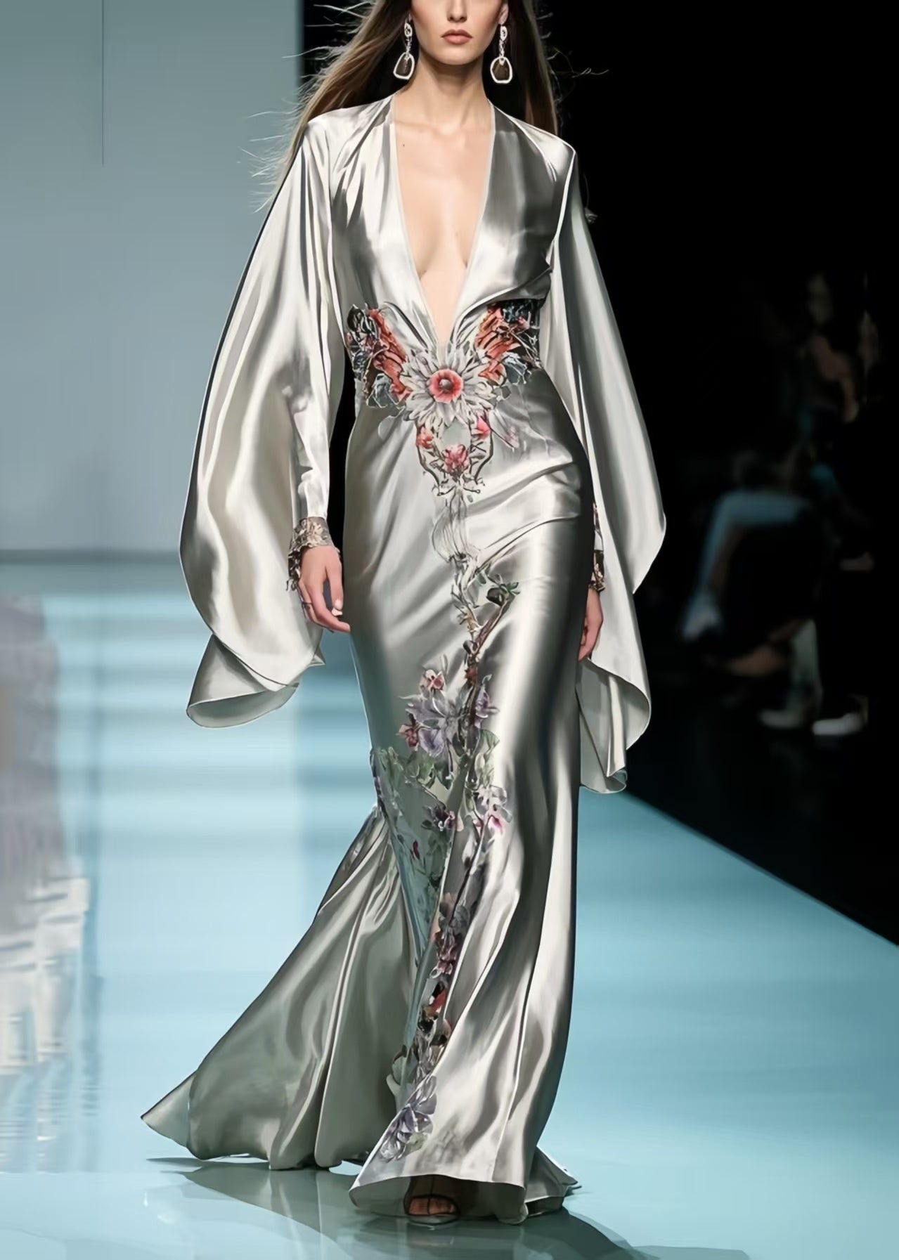 Satin Deep V-Neck Floral Embroidery Batwing Sleeve Floor Length Maxi Gown