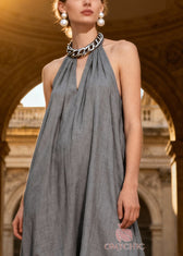 Original Design Grey Halter Lace Patchwork Long Dress Summer 2
