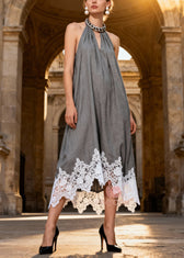 Original Design Grey Halter Lace Patchwork Long Dress Summer 3