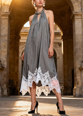 Original Design Grey Halter Lace Patchwork Long Dress Summer 5