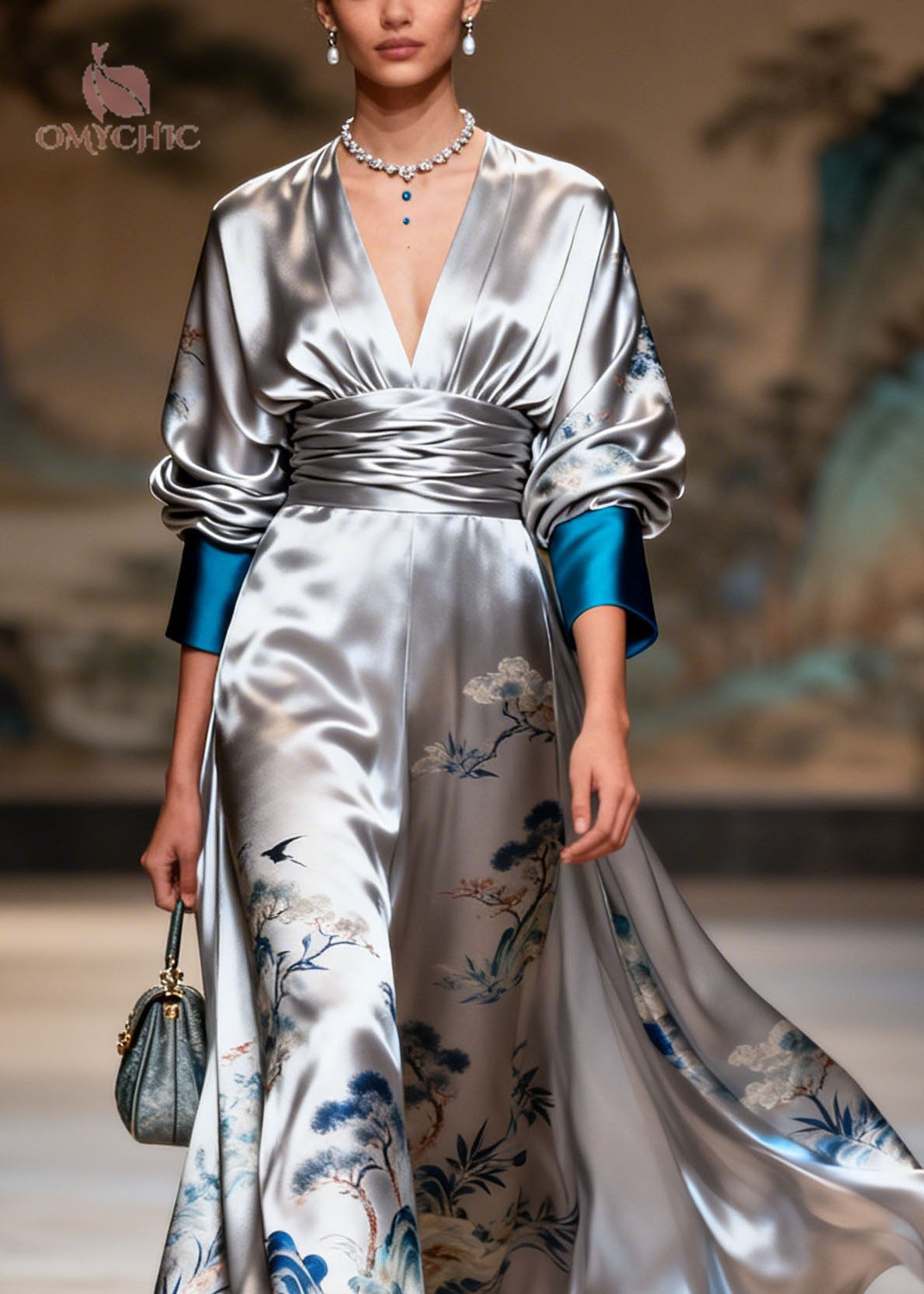 Satin Landscape Print Surplice V-Neck Puff Sleeve Wide Leg Jumpsuit