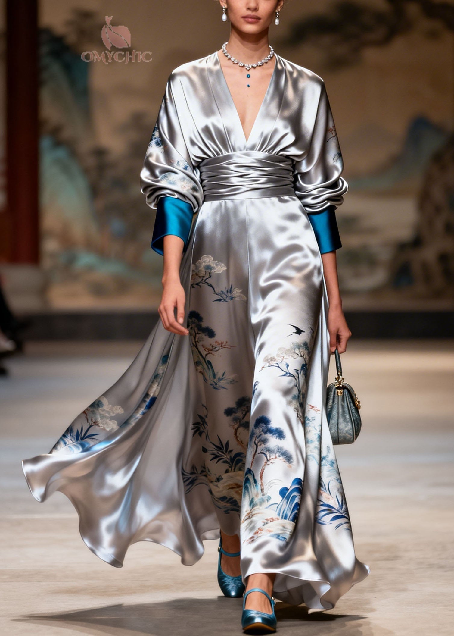Satin Landscape Print Surplice V-Neck Puff Sleeve Wide Leg Jumpsuit